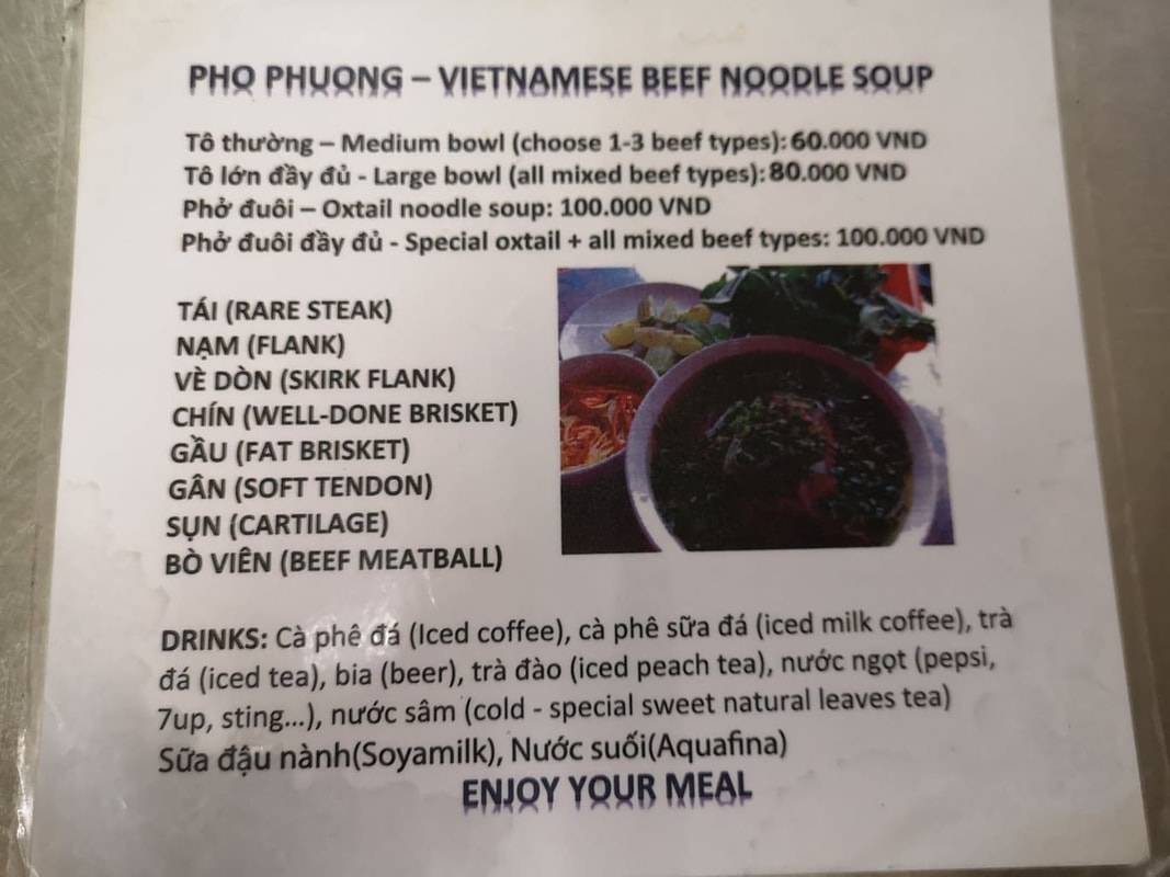 The menu at Pho Phuong 25
